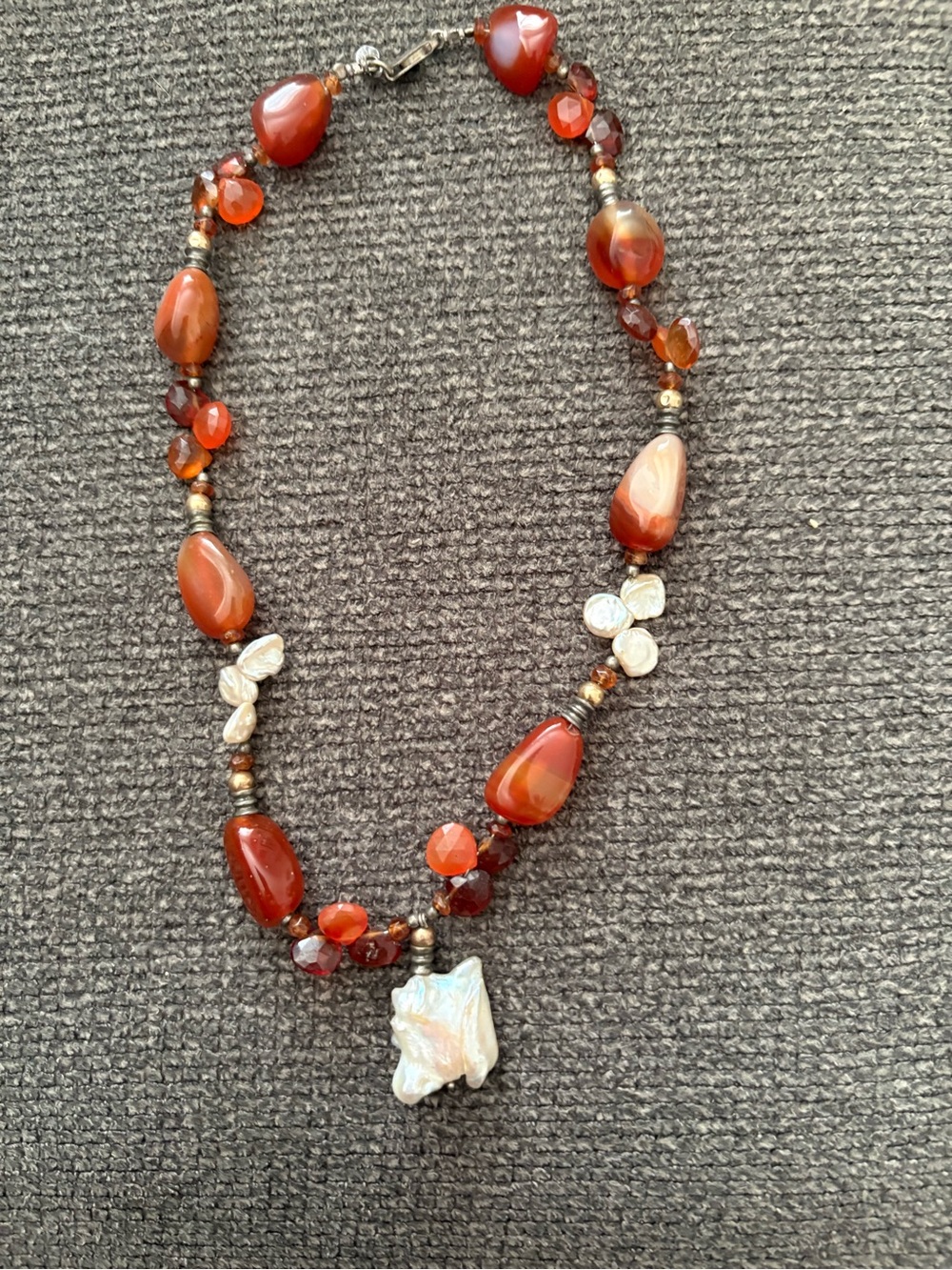 Handcrafted Carnelian and Pearl Pendant Necklace with Sterling and 14K gold